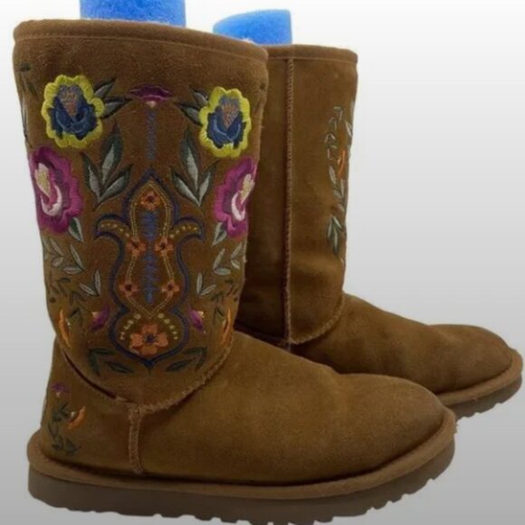 UGG Women’s Juliette Embroidered Boots – Chestnut Suede, Size 6 (USED, AS IS) - Picture 1 of 7